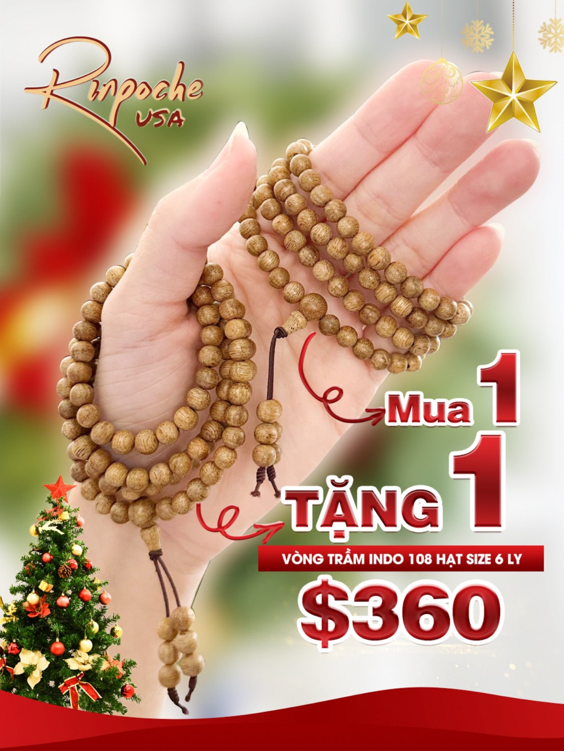 MUA 1 TẶNG 1: Vòng Trầm Hương Indo 108 Hạt 6 mm Tone Nâu Vàng